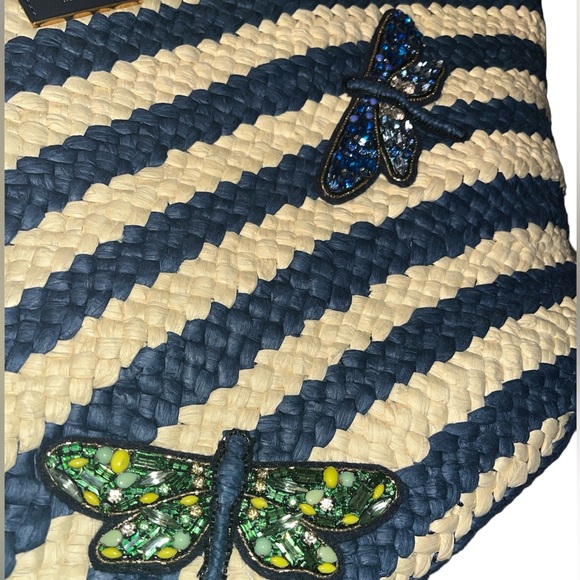 NWT! $378 kate spade Shore Thing Dragonfly Embellished Striped Straw Large Tote - Picture 11 of 17